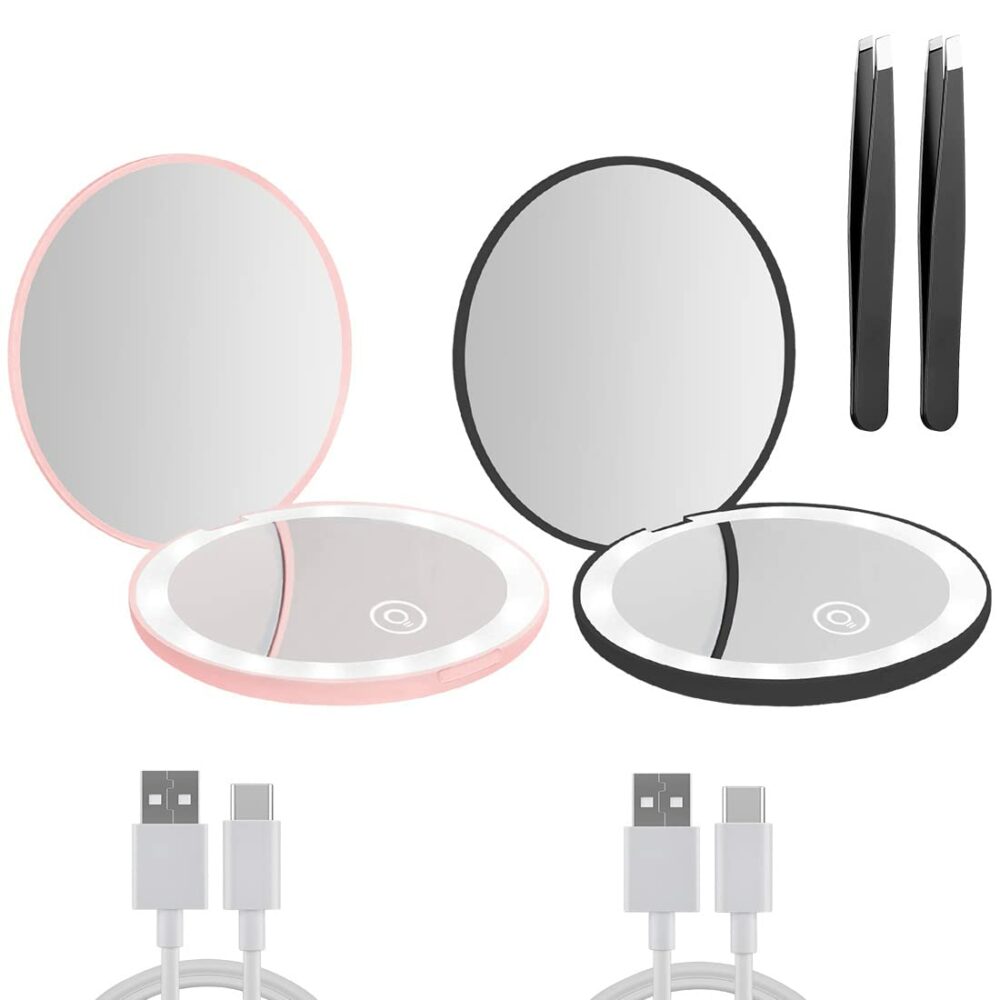 Milishow Compact Mirror with LED Light (Black+Pink)