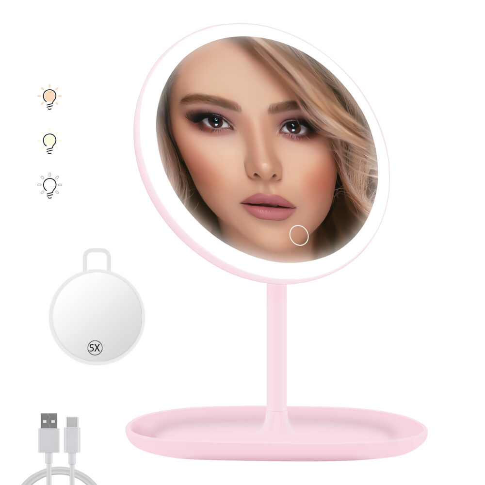 Milishow Lighted Makeup Vanity Mirror with 5X Magnifying Mirror.(Pink)