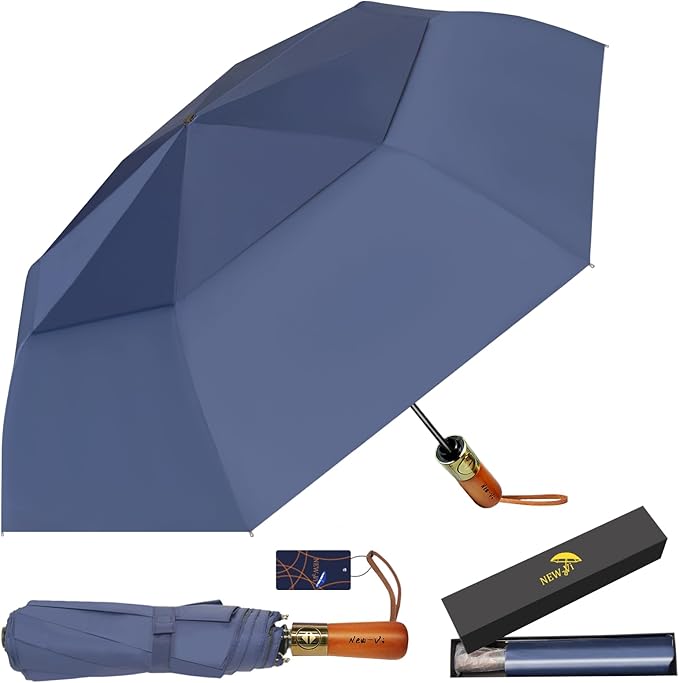 NEW-Vi 54 Inch Large Compact Golf Umbrella - UPF 50+ UV Black Coating - Oversize Double Canopy Vented Windproof Waterproof Umbrella Automatic Open Close fold Heavy Duty Umbrella for Rain