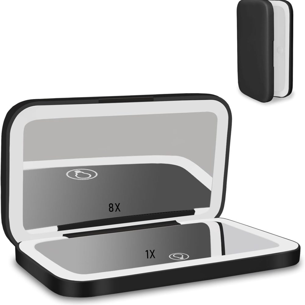 Travel Makeup Mirror -1x/8x Magnifying Mirror- 3 Color Lighting with LED - Pocket Mirror Double Sided Dimmable USB Recharaeable Touch Screen Portable Compact Travel Essential (Black)
