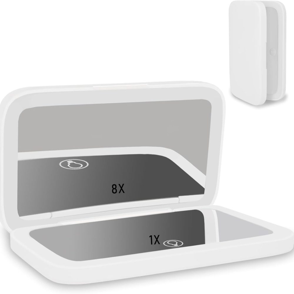 Travel Makeup Mirror -1x/8x Magnifying Mirror- 3 Color Lighting with LED - Pocket Mirror Double Sided Dimmable USB Recharaeable Touch Screen Portable Compact Travel Essential (White)