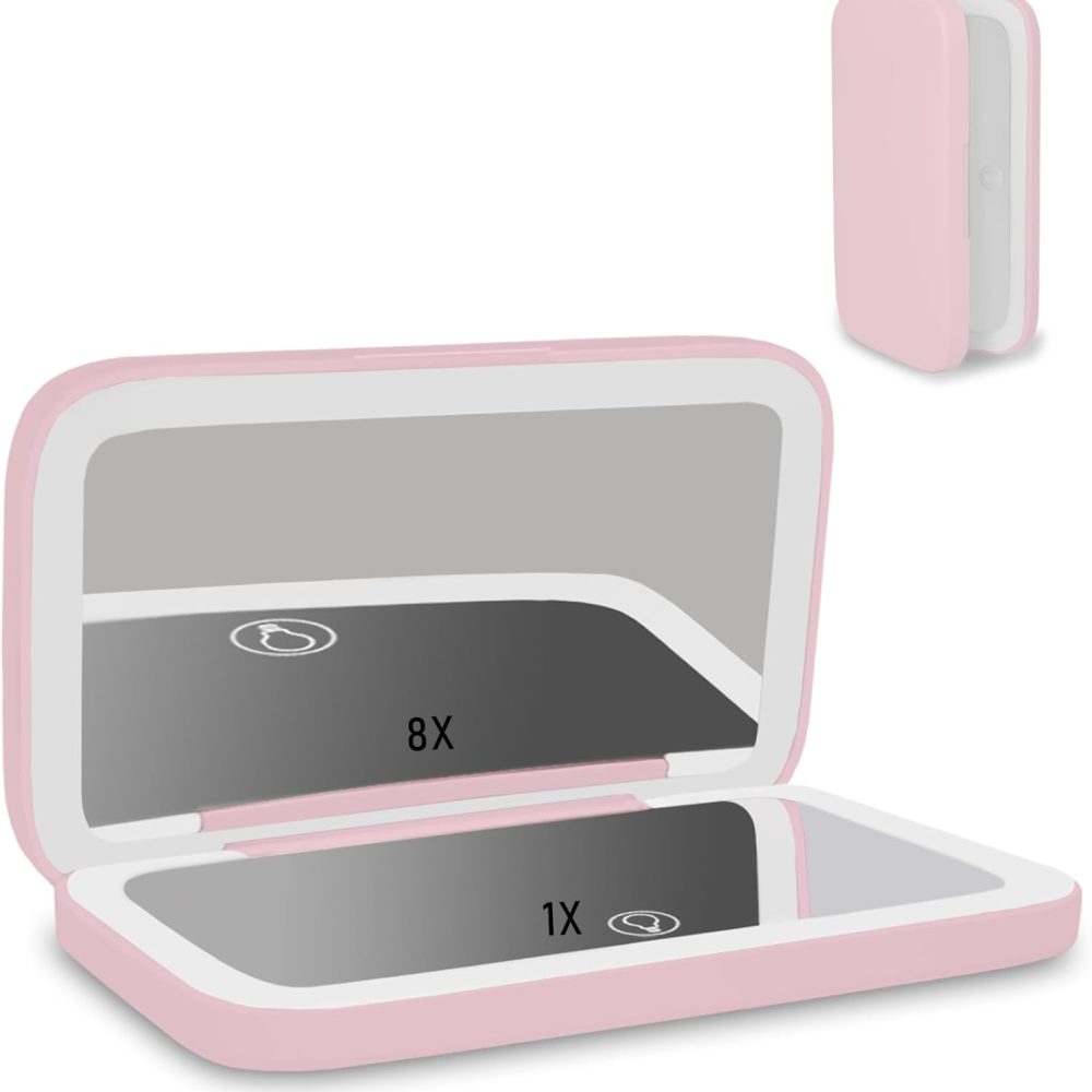 Travel Makeup Mirror -1x/8x Magnifying Mirror- 3 Color Lighting with LED - Pocket Mirror Double Sided Dimmable USB Recharaeable Touch Screen Portable Compact Travel Essential (Pink)