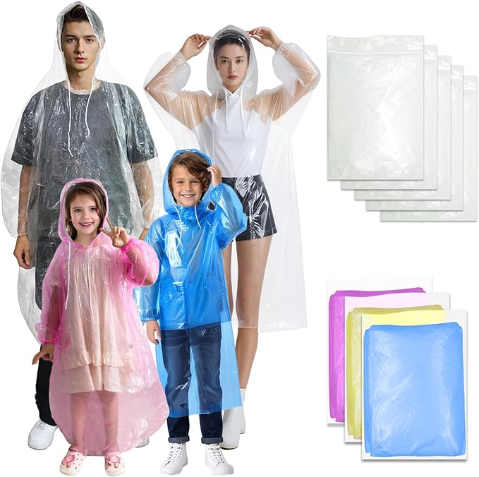 Disposable Ponchos Family Pack, Clear Rain Ponchos for Adults and Ponchos with Hood, Lightweight Ponchos for Adult