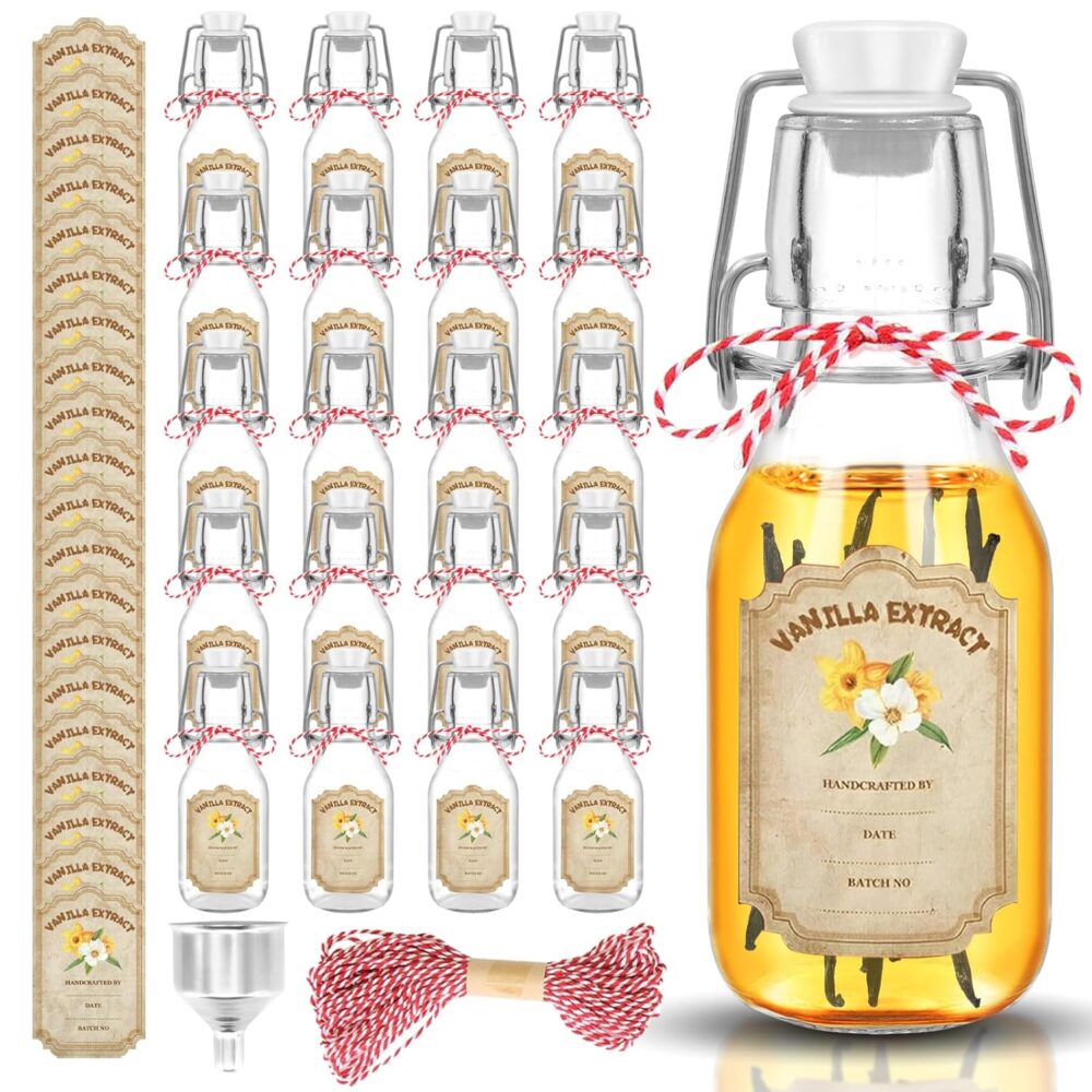 20 Pack Swing Top Glass Vanilla Extract Bottles 4 oz with Lids, Vanilla Extract Labels and Funnel, Glass Boston Vanilla Bottles for Syrup Gift, Flip Top Glass Bottles Jars for Vanilla Extract