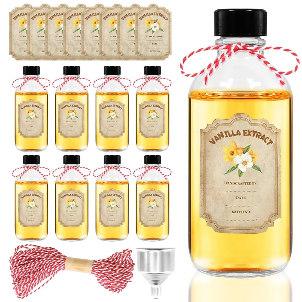 8 Pack Glass Vanilla Extract Bottles 4 oz with Lids, 8 PCS Vanilla Extract Labels and Funnel, Glass Boston Vanilla Bottles for Syrup Gift, Jars for Vanilla Extract, Glass Bottles for Vanilla Extract