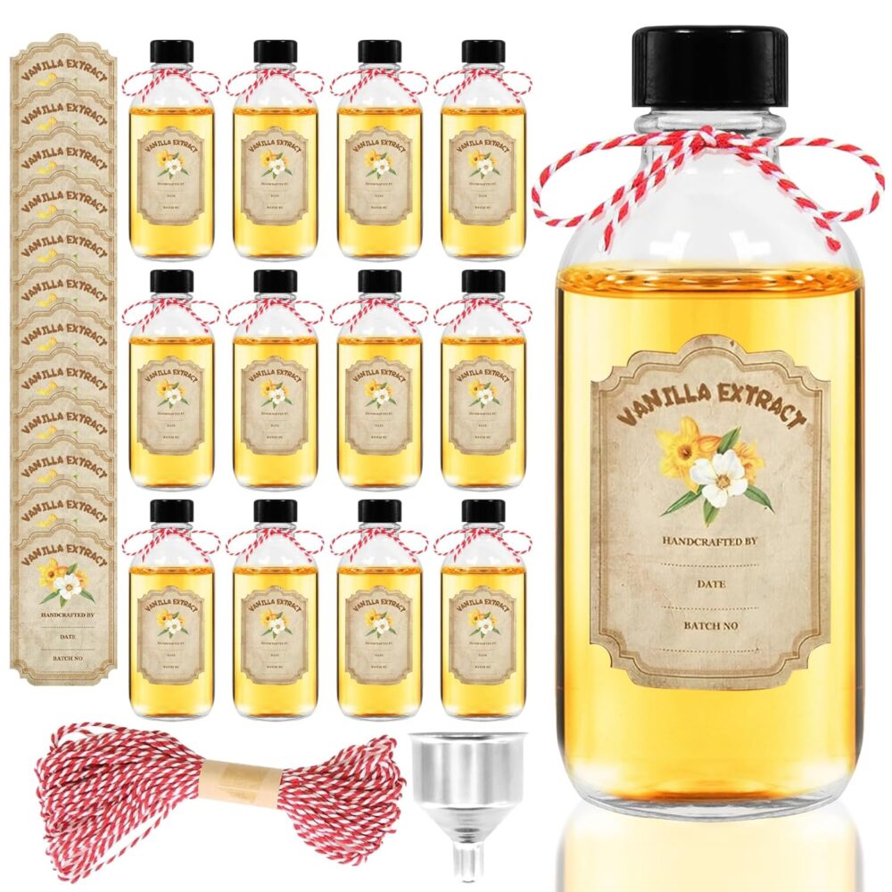 12 Pack Glass Vanilla Extract Bottles 2 oz with Lids, 12 PCS Vanilla Extract Labels and Funnel, Glass Boston Vanilla Bottles for Syrup Gift, Jars for Vanilla Extract, Glass Bottles for Vanilla Extract