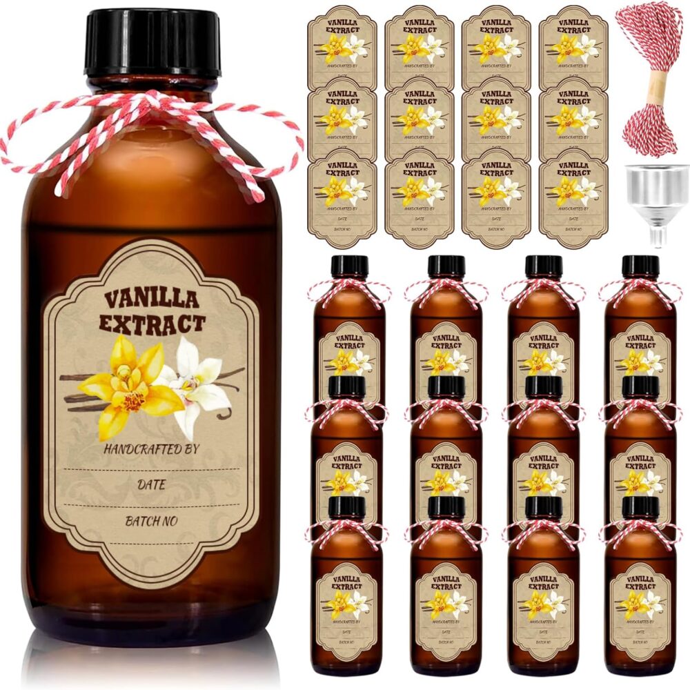 12 Pack Amber Glass Vanilla Extract Bottles 8 oz with Lids, 12 PCS Vanilla Extract Labels and Funnel, Glass Boston Vanilla Bottles for Syrup Gift, Jars Glass Bottles for Vanilla Extract