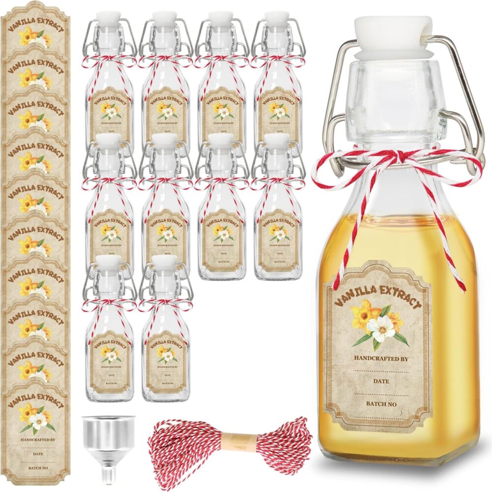10 Pack Swing Top Glass Vanilla Extract Bottles 4 oz with Lids, Vanilla Extract Labels and Funnel, Flip Top Glass Boston Vanilla Bottles Jars for Syrup Gift